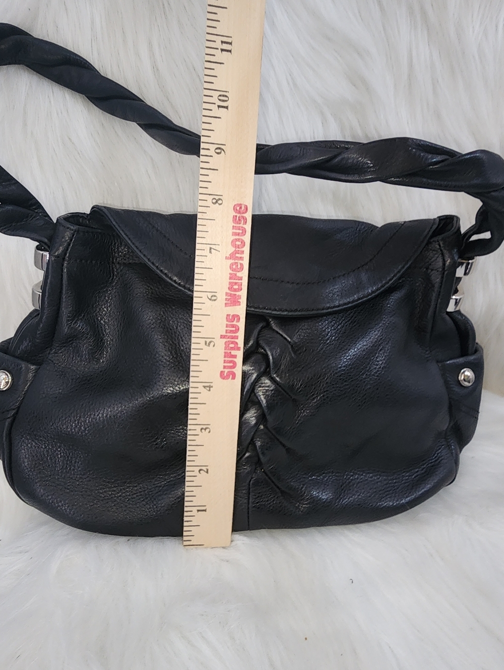 B. Makowsky hobo/shoulder bag, Black Leather, Ruched Front, Braided Strap - Picture 5 of 10